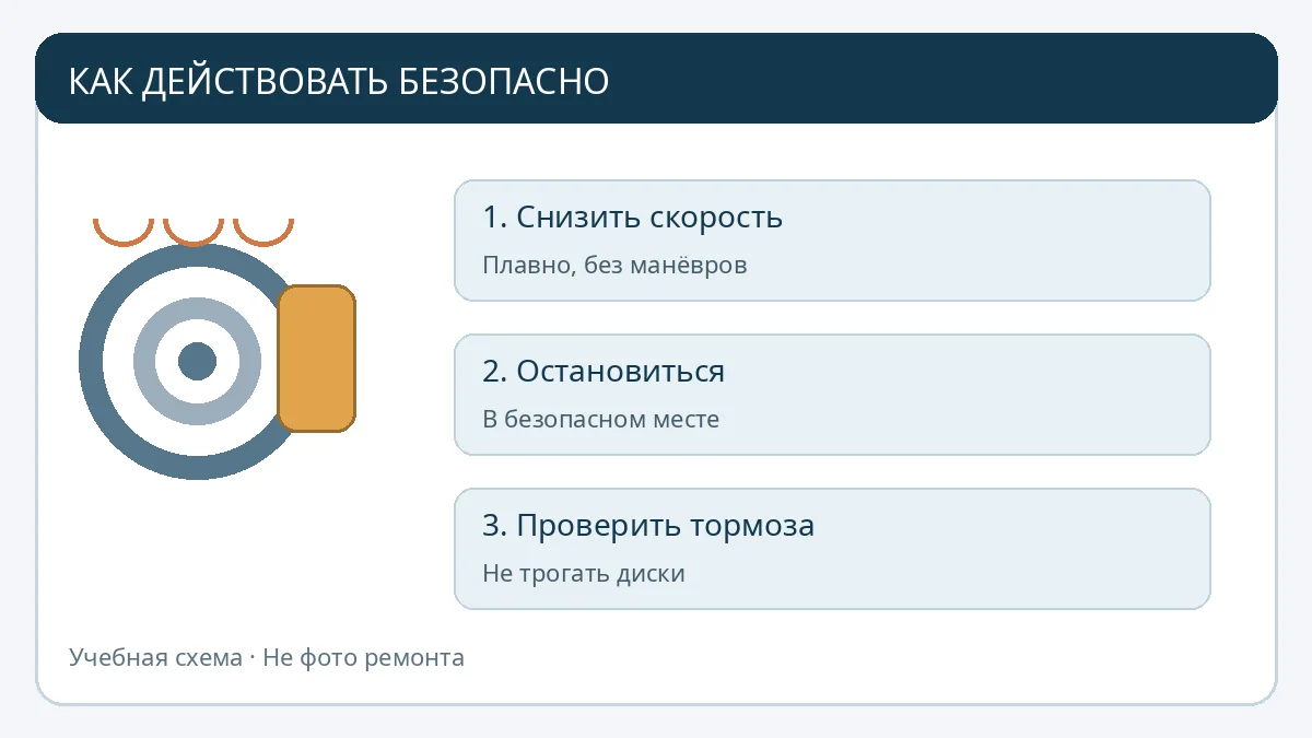 Учебная схема безопасных действий: плавное снижение скорости, остановка, остывание и проверка тормозов