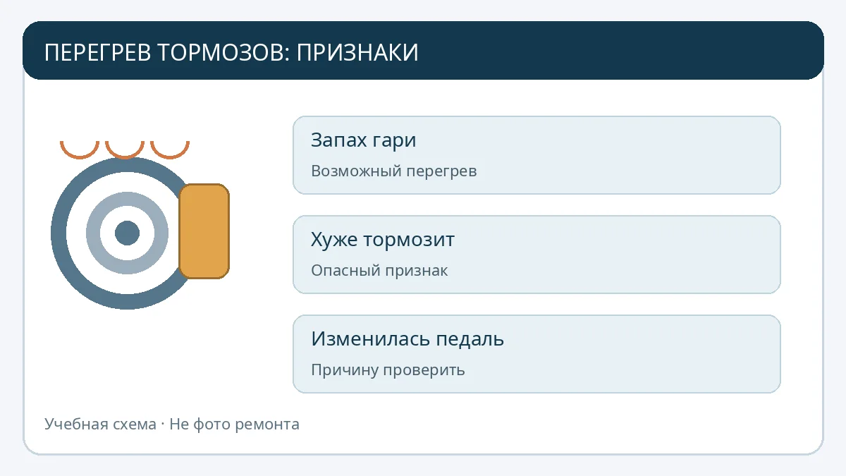 Учебная схема: запах гари, снижение эффективности тормозов и изменение хода педали как возможные признаки перегрева