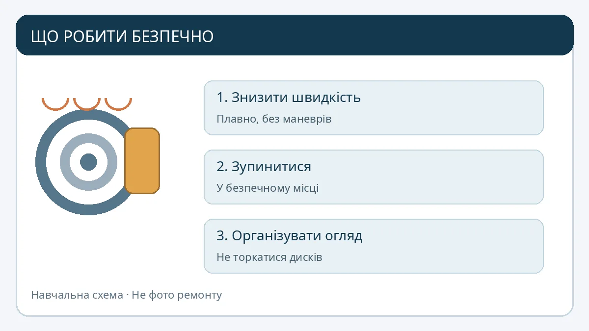 Навчальна схема безпечних дій: поступове зниження швидкості, зупинка, охолодження і перевірка гальм