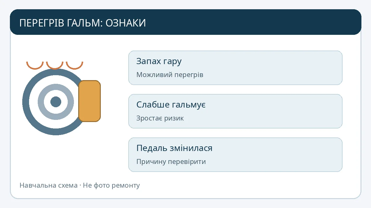 Навчальна схема: запах гару, погіршення гальмування і зміна відчуття педалі як можливі ознаки перегріву