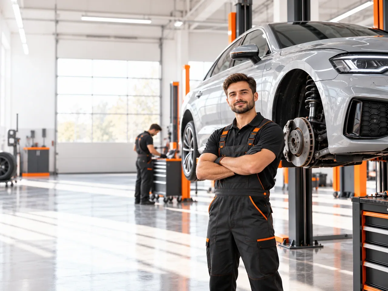 Ілюстрація: автомеханік в автосервісі поруч із автомобілем