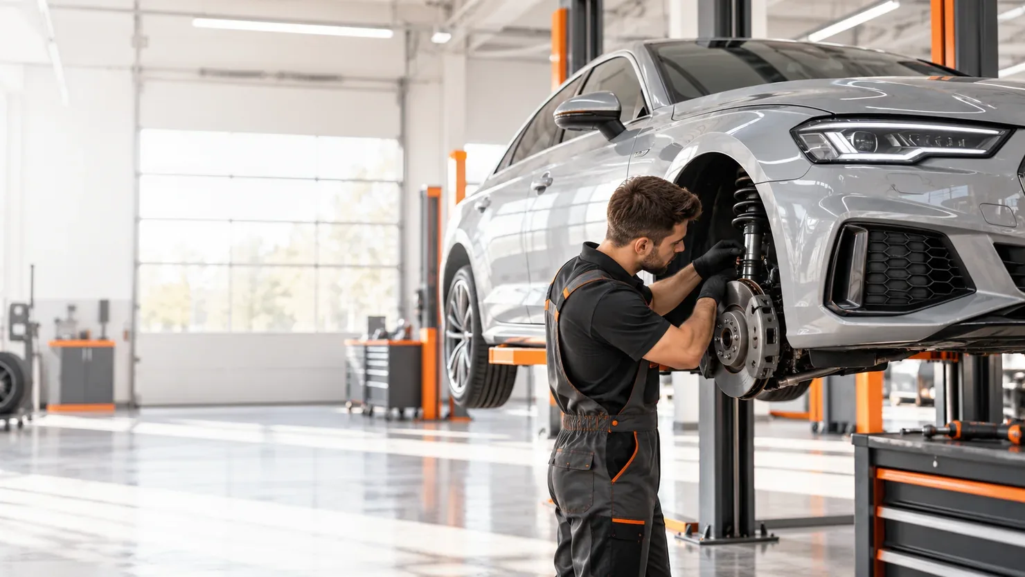 Світлий автосервіс: механік оглядає автомобіль на підіймачі