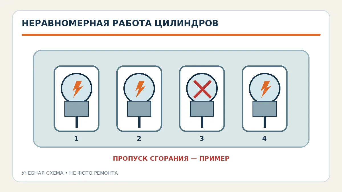 Учебная схема неравномерной работы цилиндров, не изображение конкретного ремонта