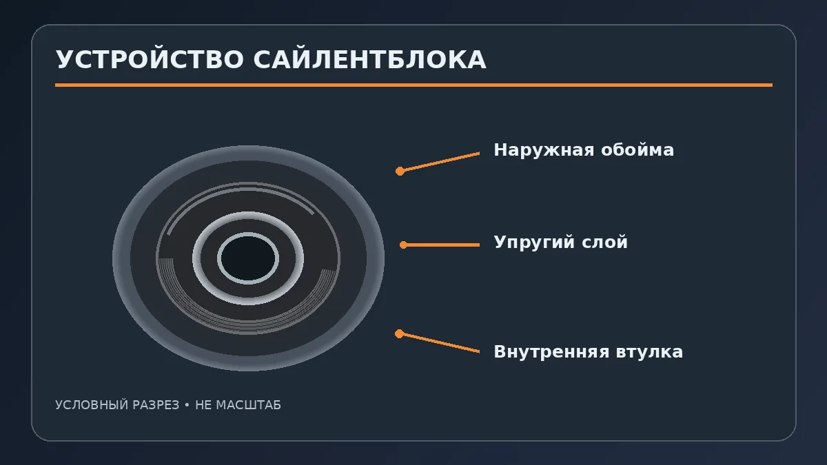 Учебная схема внутренней втулки, резинового слоя и внешней обоймы сайлентблока