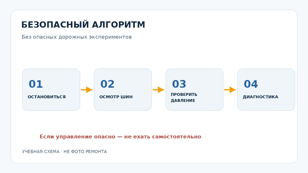 Учебная схема: безопасный алгоритм — остановка, осмотр, давление, диагностика