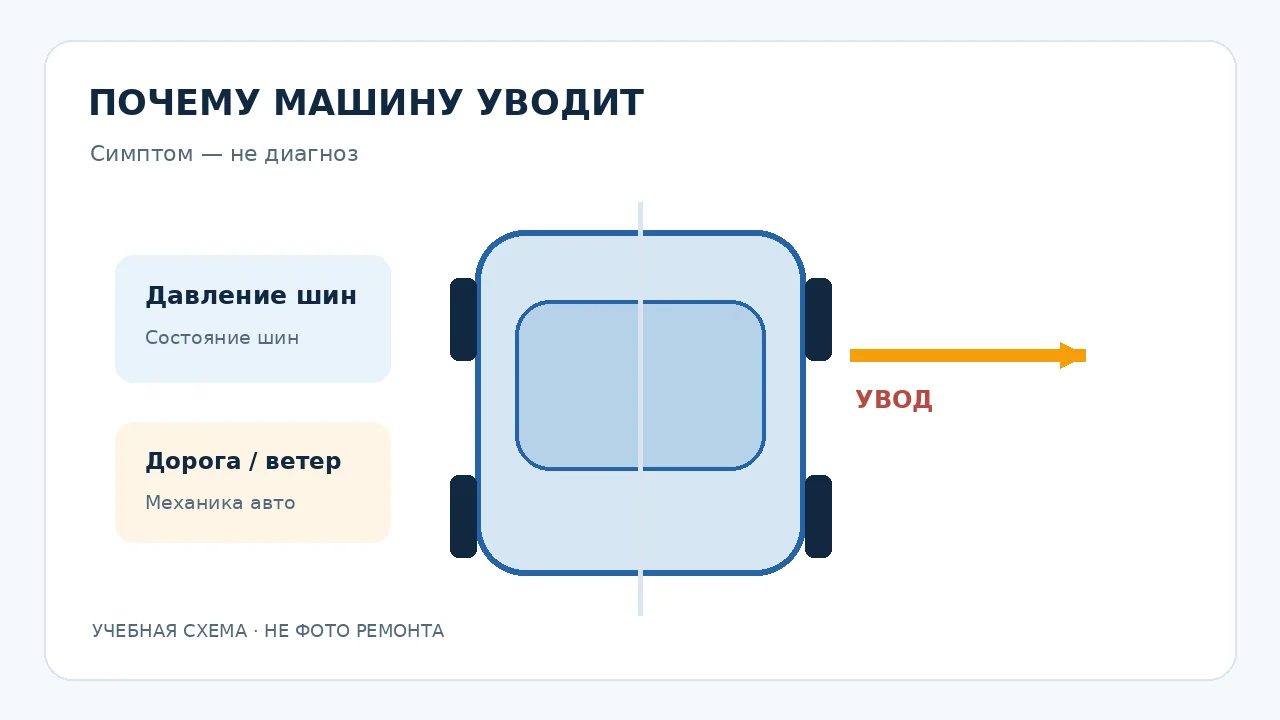 Учебная схема: автомобиль уводит в сторону, возможное влияние шин, дороги и технического состояния