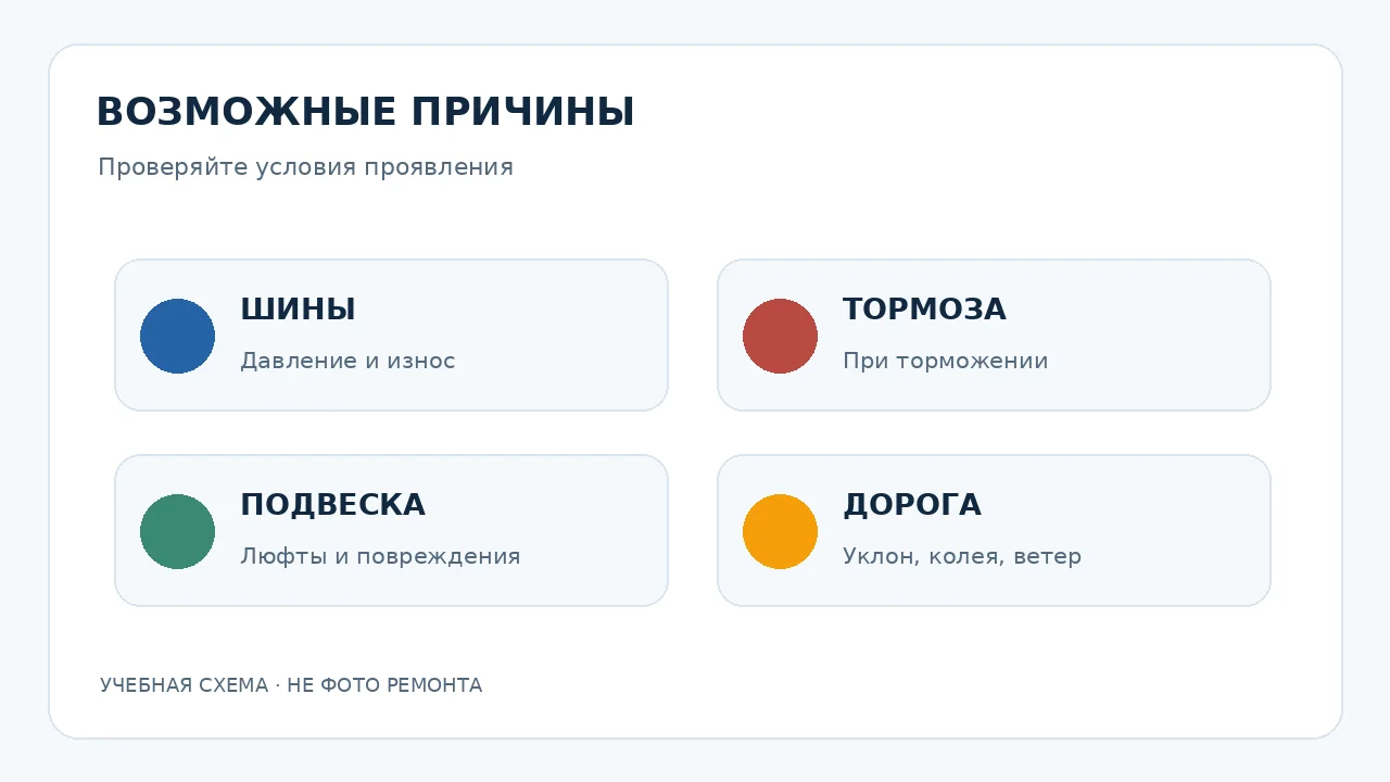 Учебная схема: основные группы причин увода — шины, тормоза, подвеска, дорожные условия