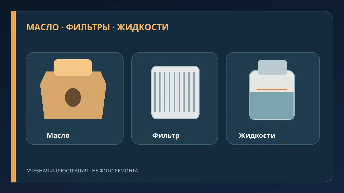 Учебная иллюстрация: моторное масло, фильтры и жидкости проверяют с учётом конкретной модели