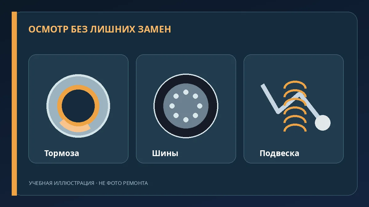 Учебная иллюстрация: тормоза, шины и подвеску оценивают по состоянию и жалобам