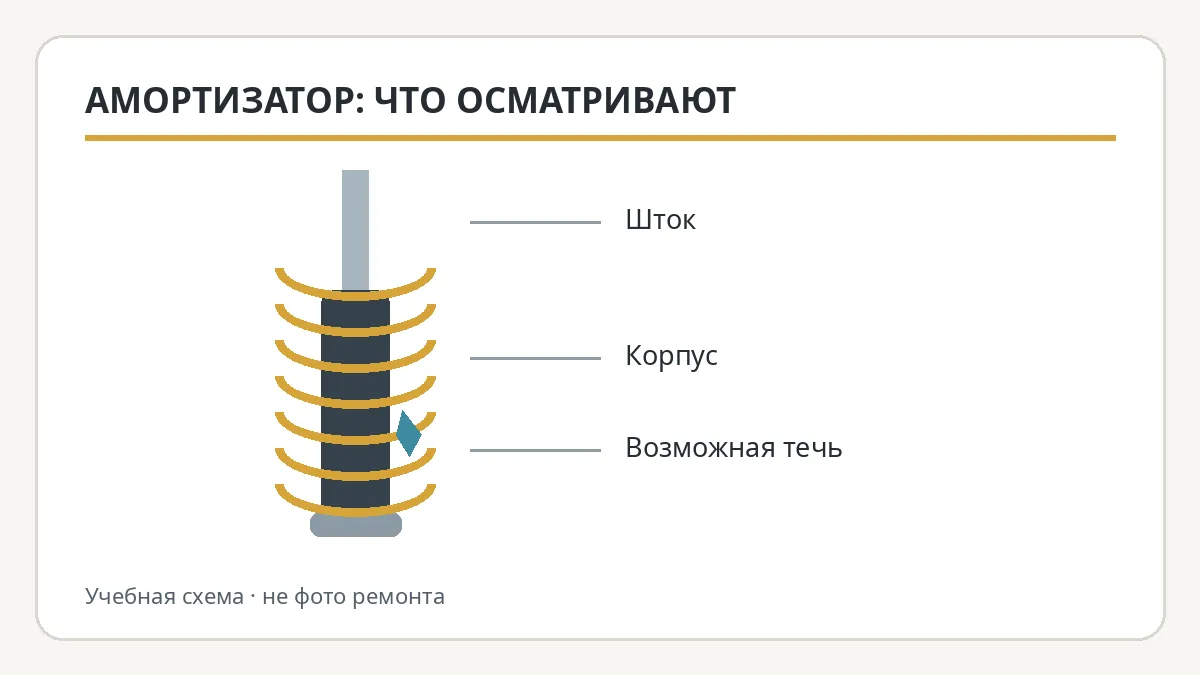Учебная схема амортизатора: шток, корпус и возможное место утечки
