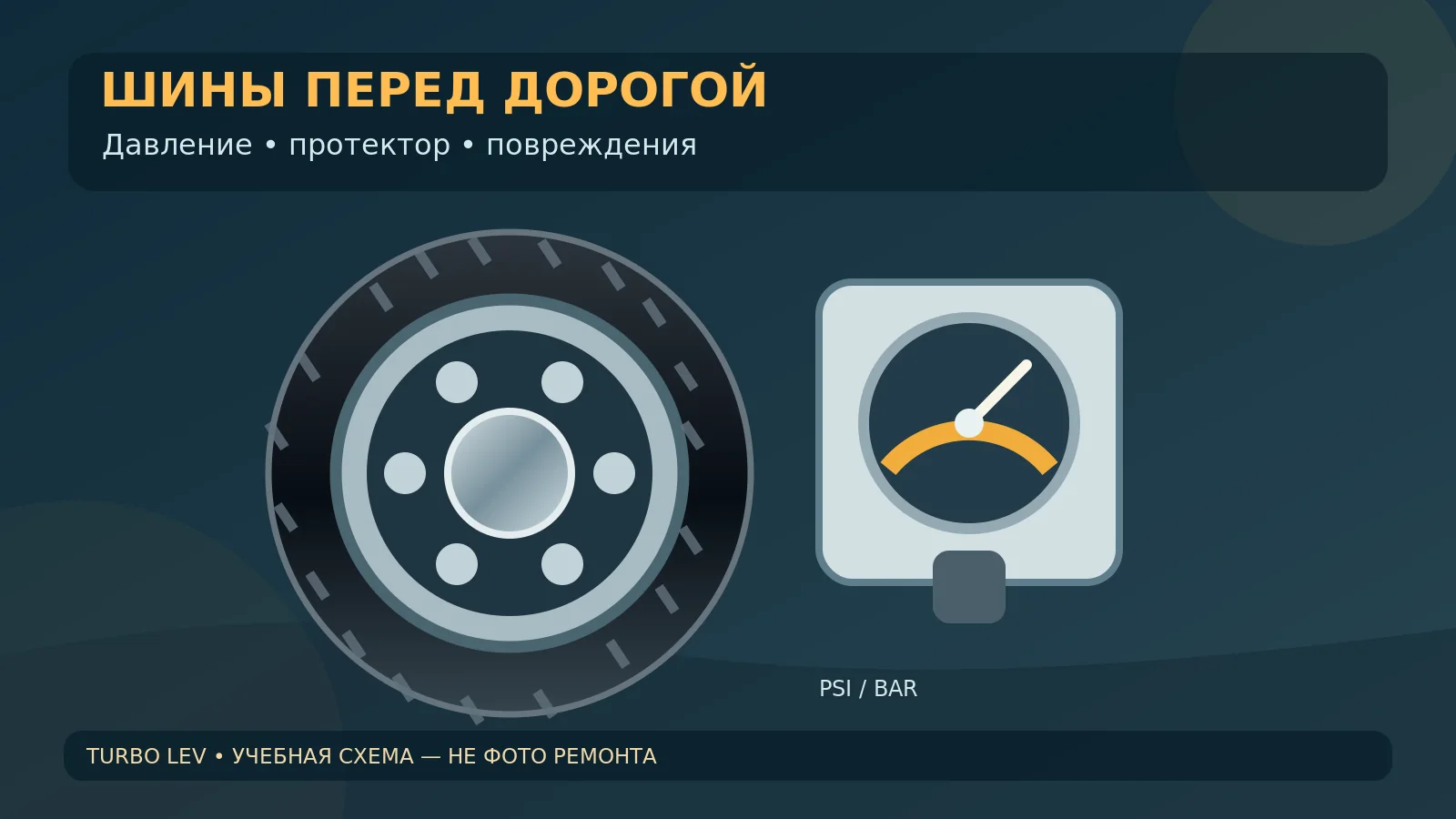 Проверка шин перед поездкой: давление, протектор и повреждения. Авторская техническая иллюстрация.