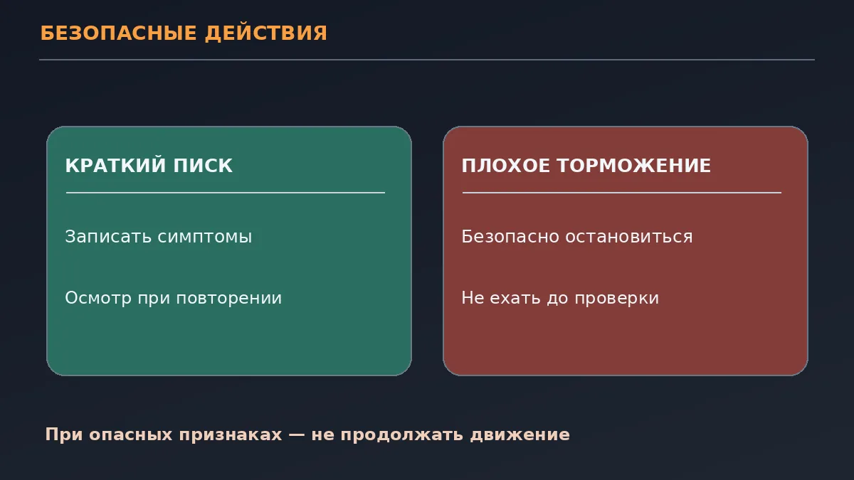 Учебная схема выбора действий при шуме тормозов: наблюдение, осмотр или остановка