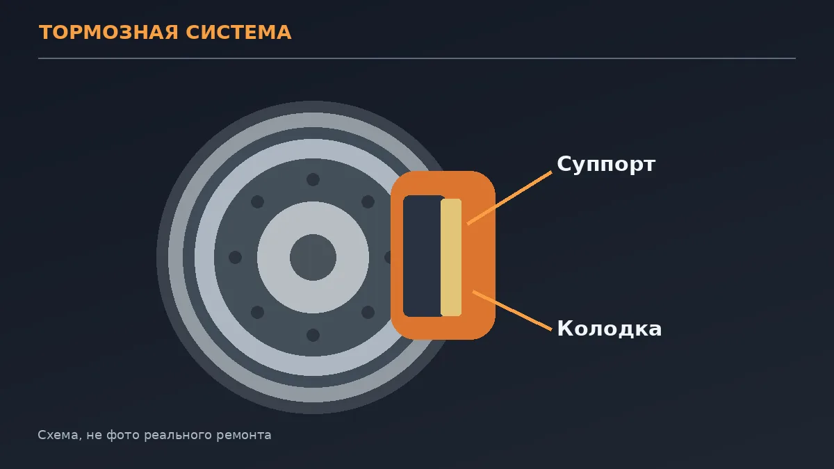 Учебная иллюстрация дискового тормоза: диск, колодка и суппорт в зоне контакта