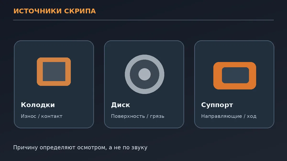 Учебная схема трёх групп возможных причин: колодка, диск, суппорт