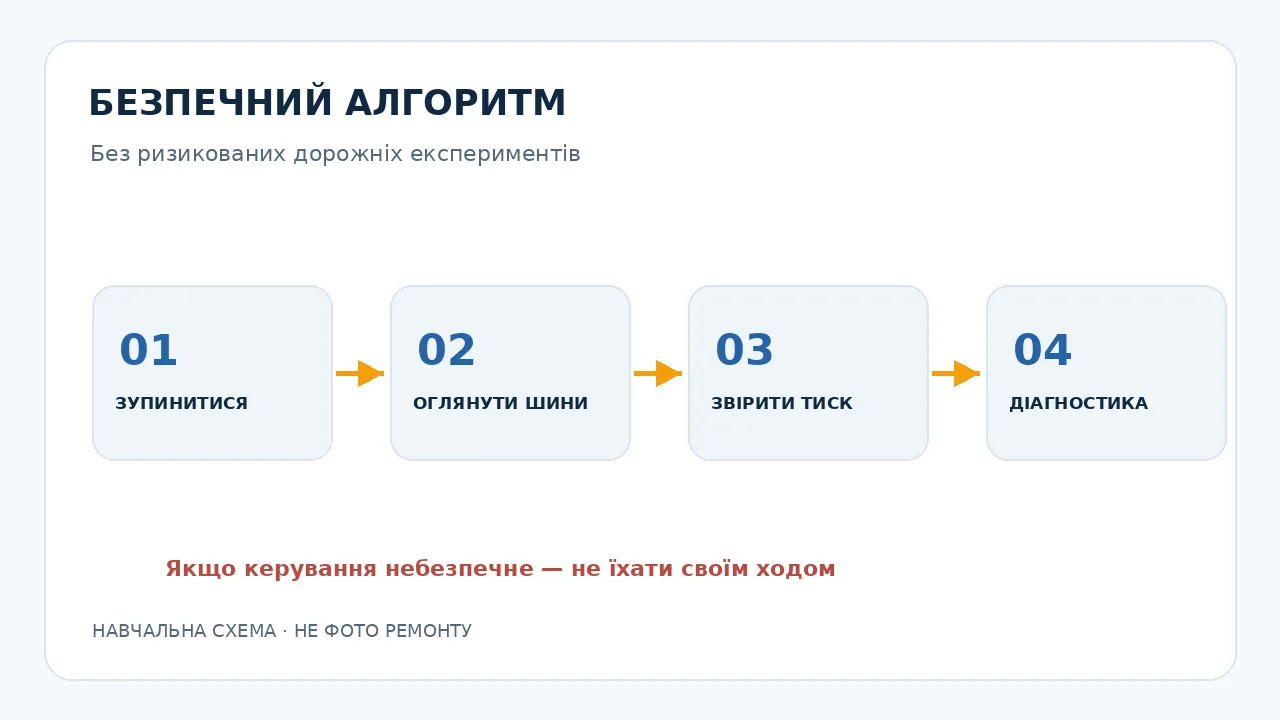 Навчальна схема: безпечна послідовність дій — зупинка, огляд, тиск шин, фахова діагностика