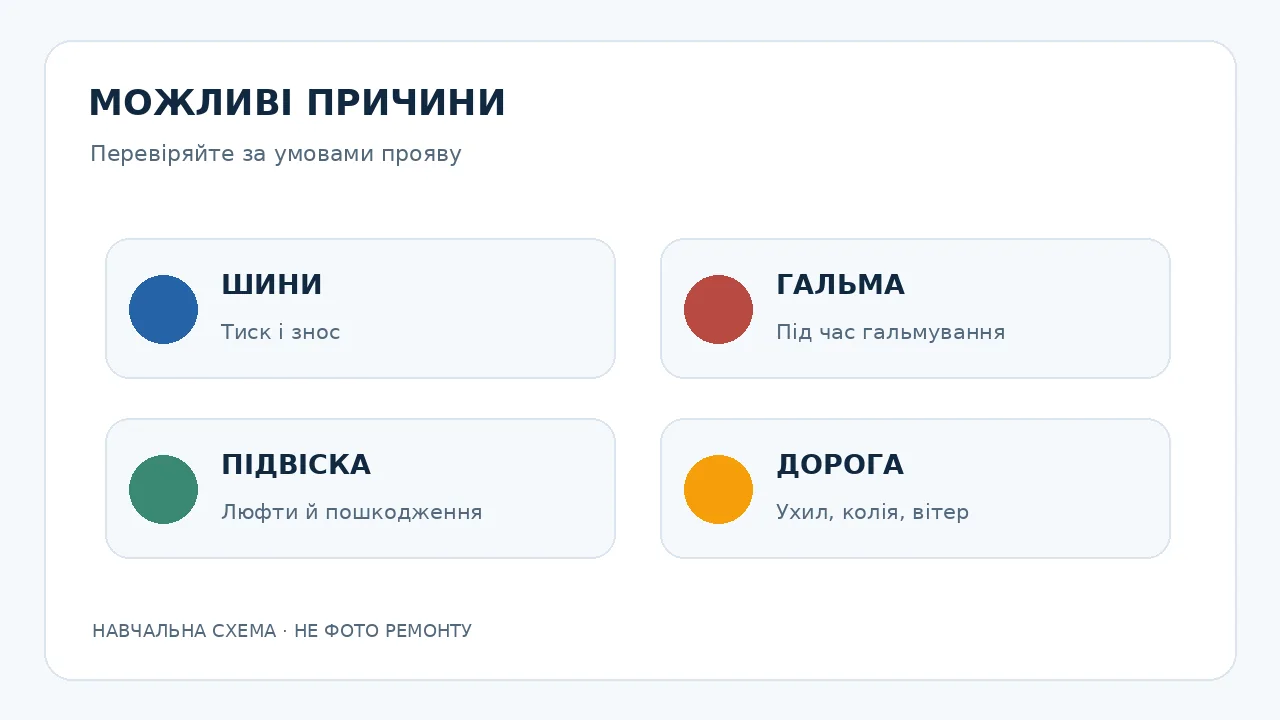 Навчальна схема: чотири групи можливих причин відведення автомобіля — шини, гальма, підвіска, дорога