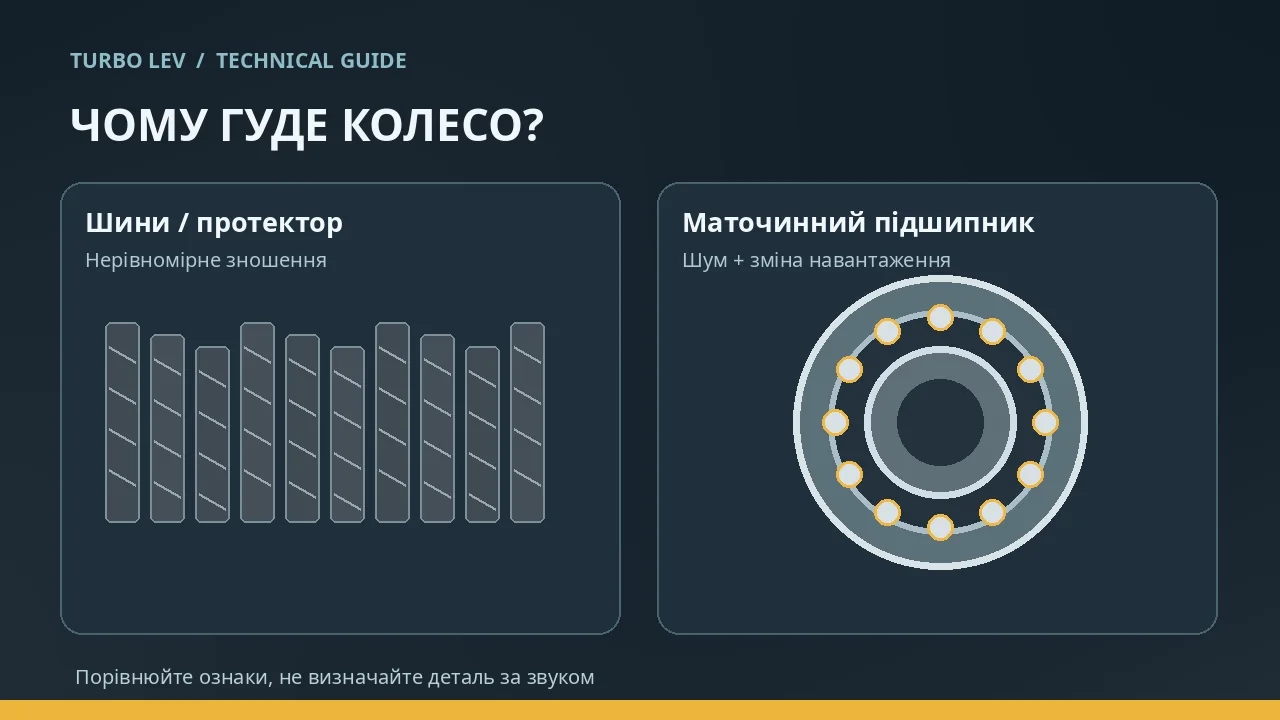 Порівняння нерівномірного протектора шини й схеми маточинного підшипника як джерел гула