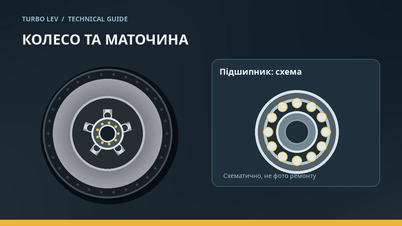Навчальна схема автомобільного колеса та внутрішніх елементів маточинного підшипника