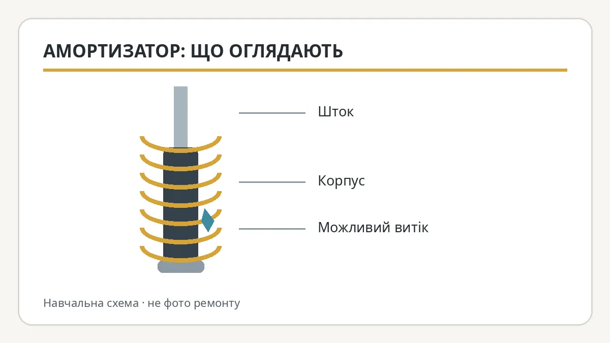 Навчальна схема амортизатора: шток, корпус і можливе місце витоку рідини