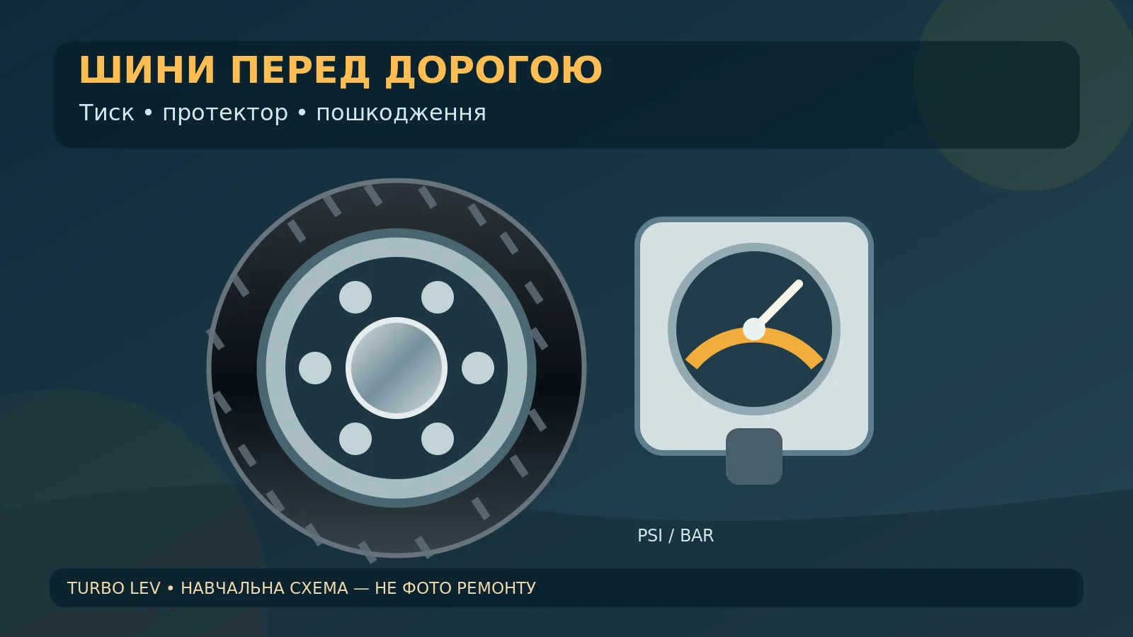Перевірка шин перед поїздкою: тиск, протектор і пошкодження. Авторська технічна ілюстрація.