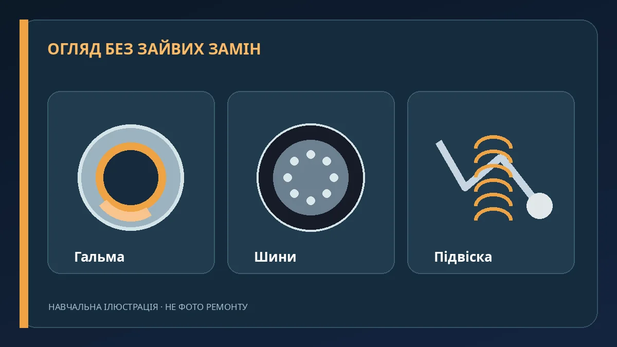 Навчальна ілюстрація: контроль шин, гальм і підвіски під час планового огляду