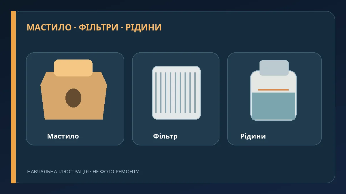 Навчальна ілюстрація: мастило, фільтри та рідини перевіряють за вимогами конкретного авто