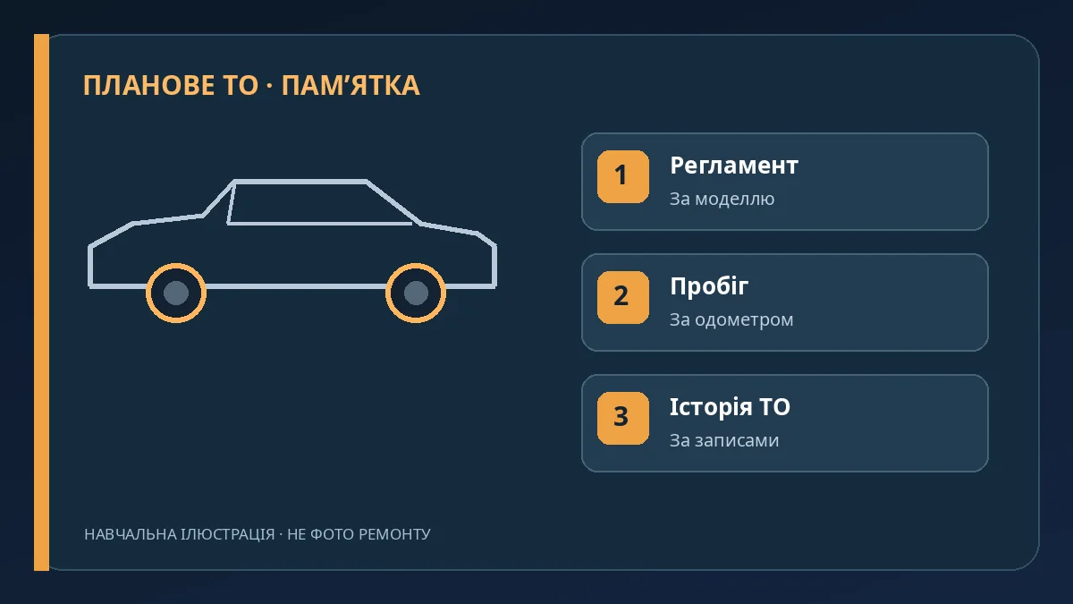 Навчальна ілюстрація: планове ТО складають за регламентом, пробігом та історією автомобіля