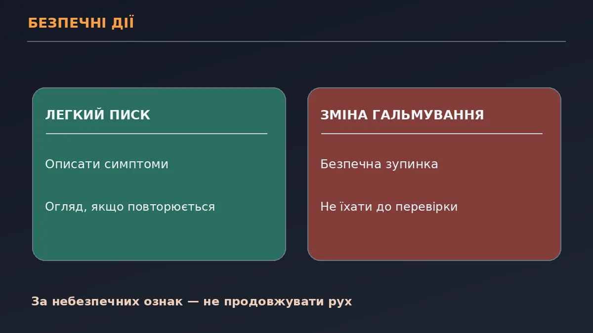 Навчальна схема рішення водія: звук без інших симптомів, перевірка, небезпечні ознаки
