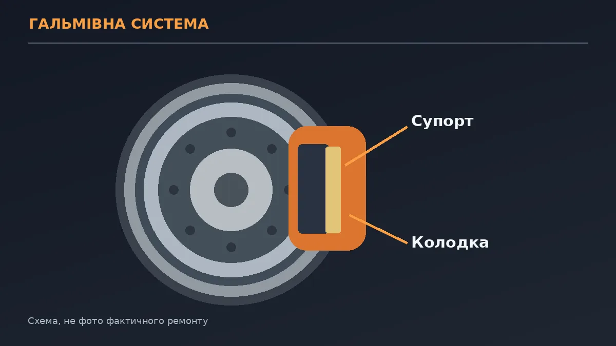 Навчальна ілюстрація гальмівного диска, колодки та супорта з позначенням зони контакту