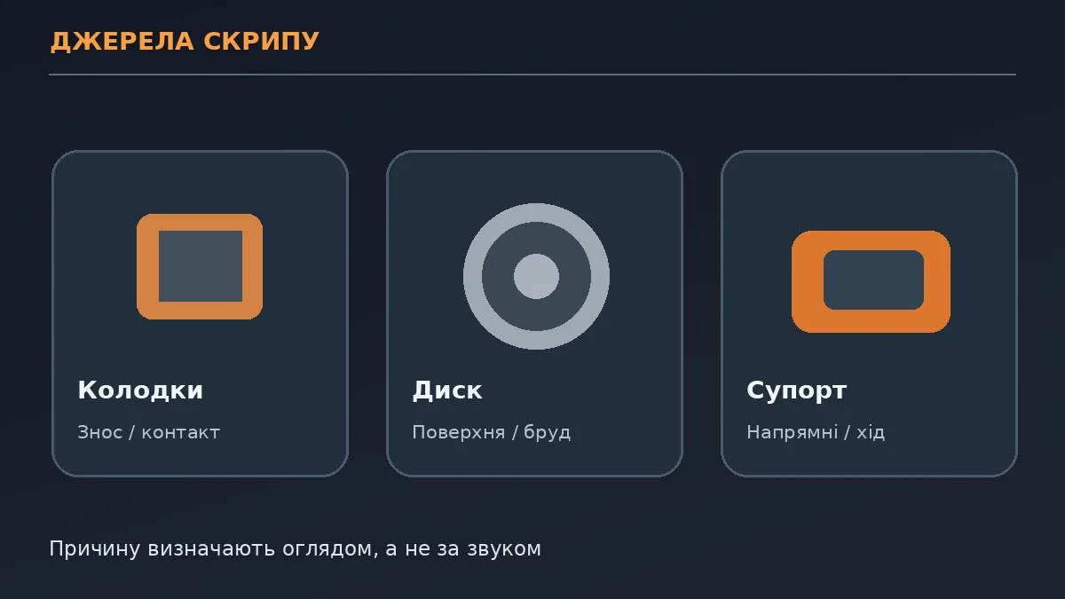 Навчальна схема можливих джерел писку: зношення, поверхня диска, напрямні супорта