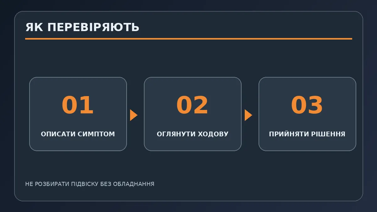 Послідовність діагностики: опис симптому, огляд підвіски, висновок